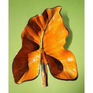 Vintage 1963 HULL USA Imperial Caladium Leaf Large Dish Detailed Orange & Gold